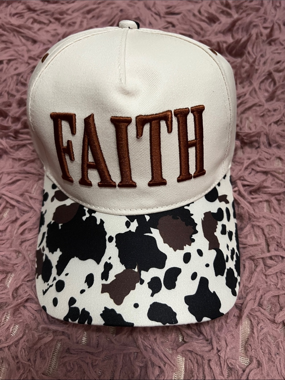 NWT cream 'FAITH' Trucker Hat with Black & Brown Cow Print Brim